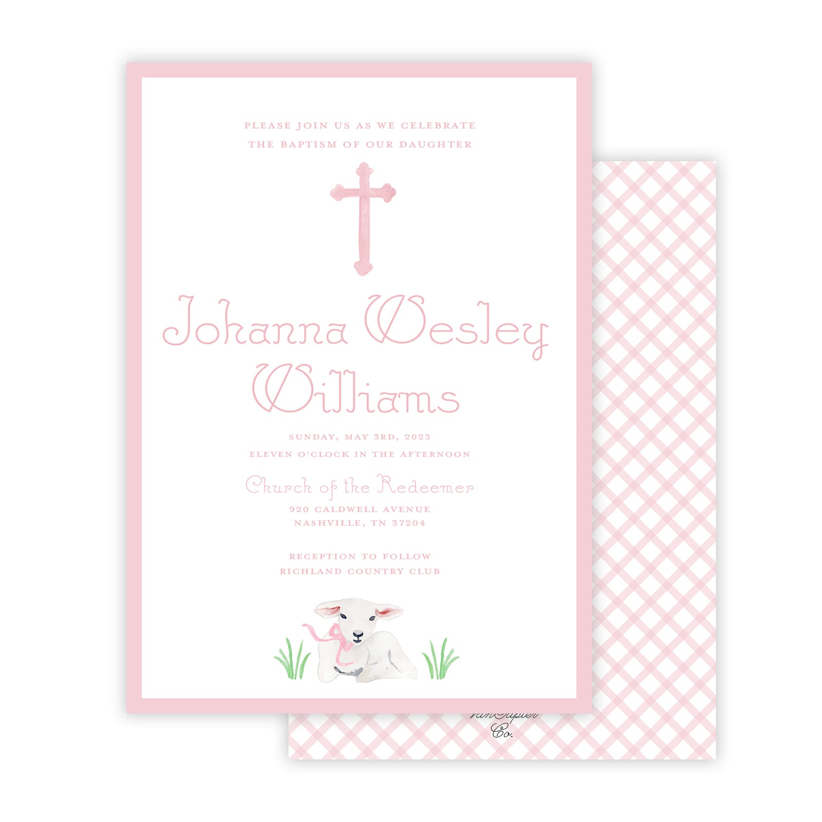 Watercolor Lamb Pink Baptism Invitation
