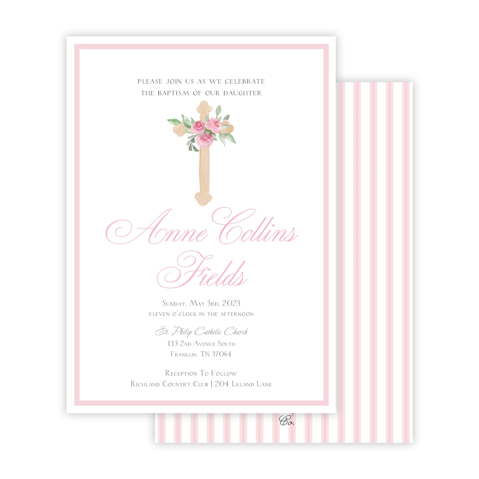 Watercolor Pink Floral Cross Baptism Invitation