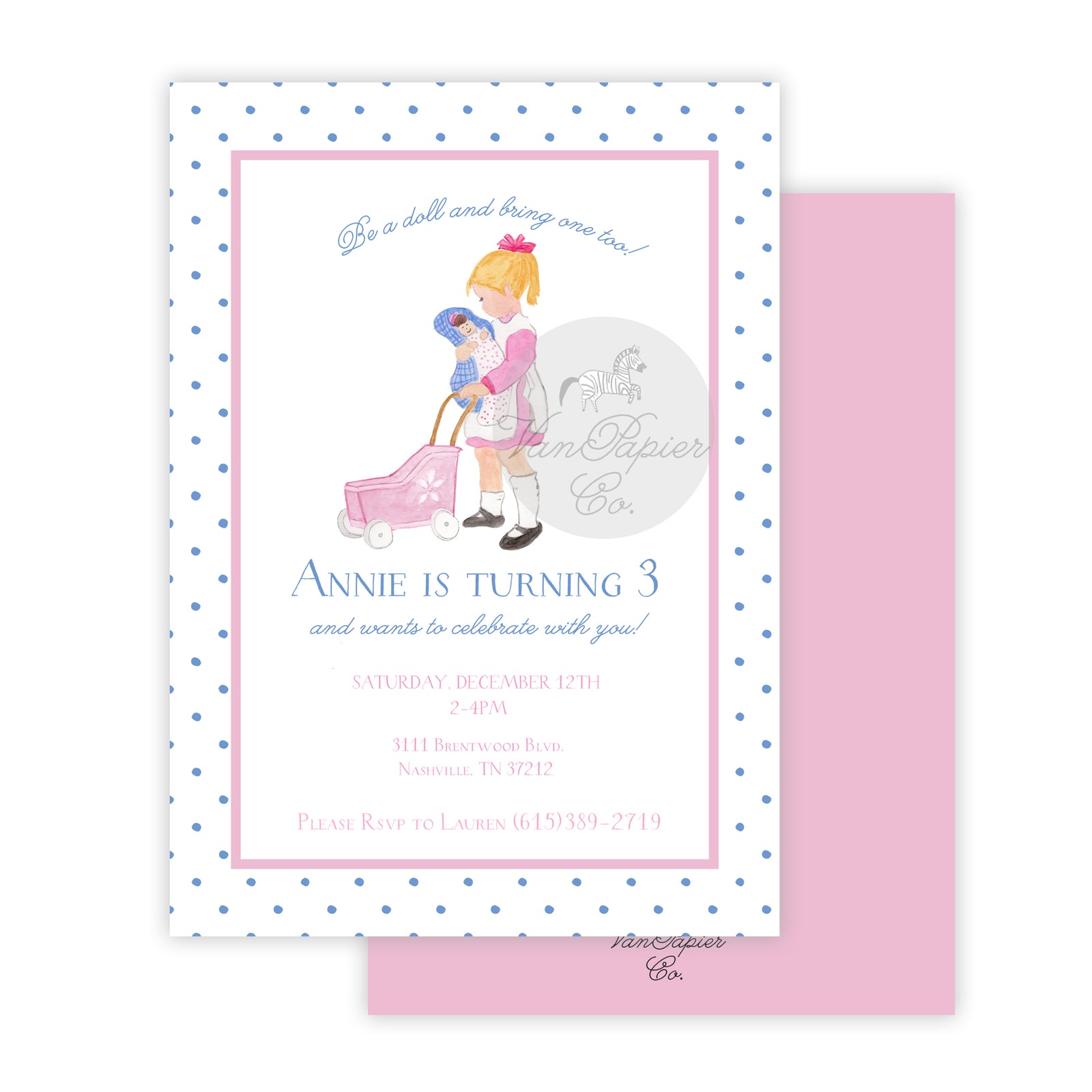 Watercolor Doll Birthday Invitation