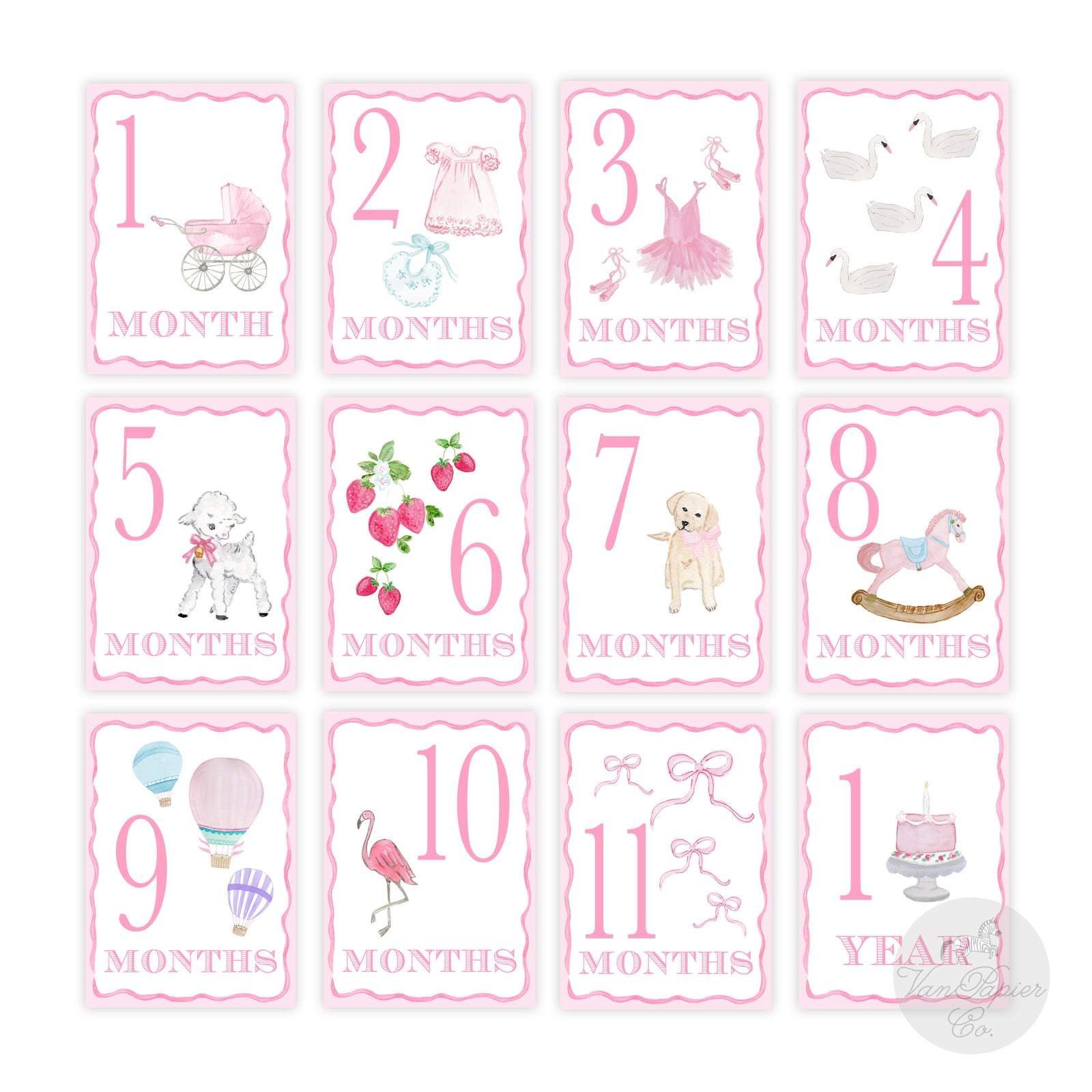 Pink Scalloped Watercolor Milestone Cards