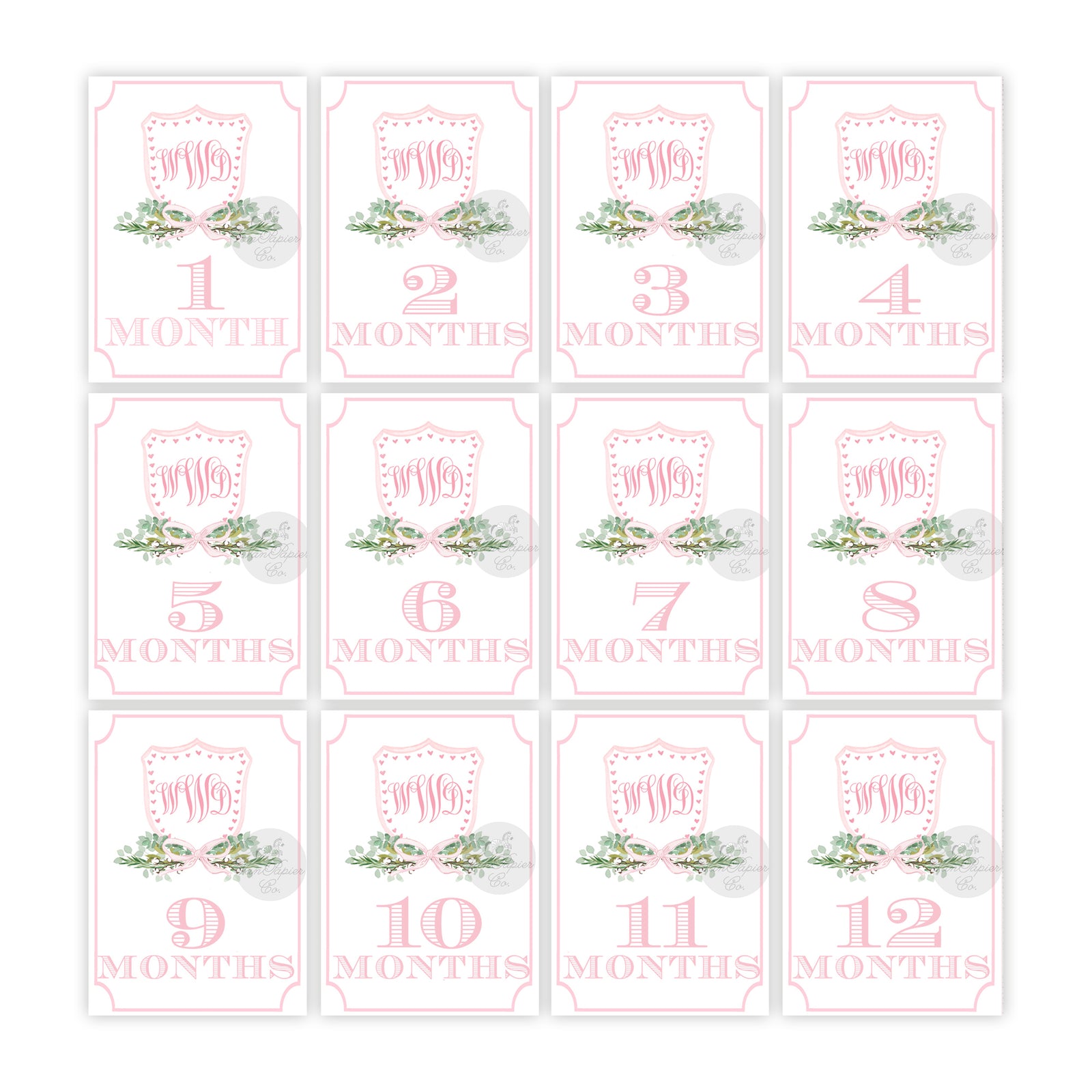 Girls Monogram Crest Milestone Cards