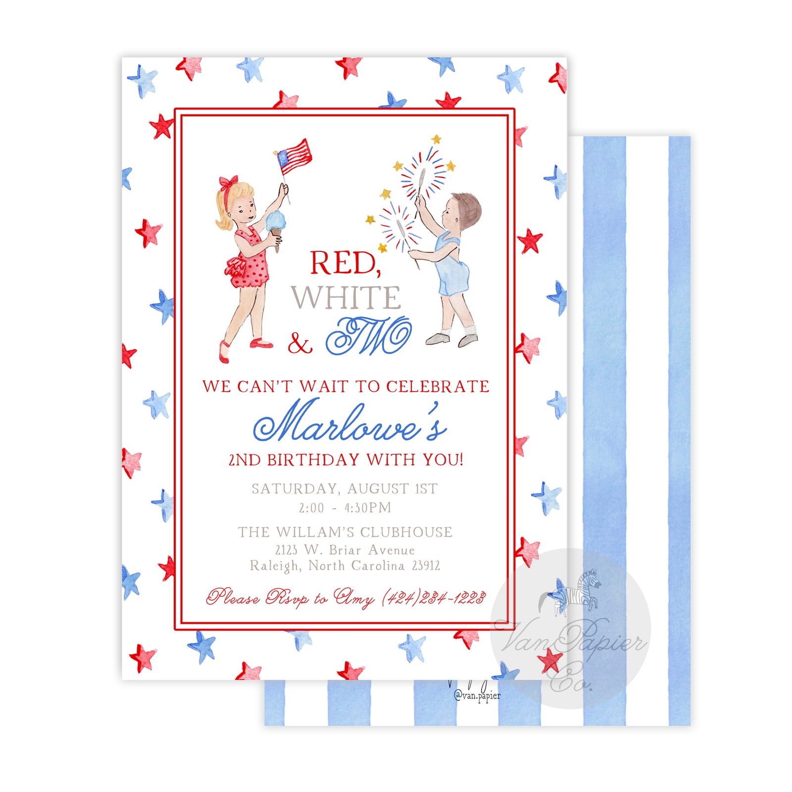 Red, White and Two Birthday Invitation
