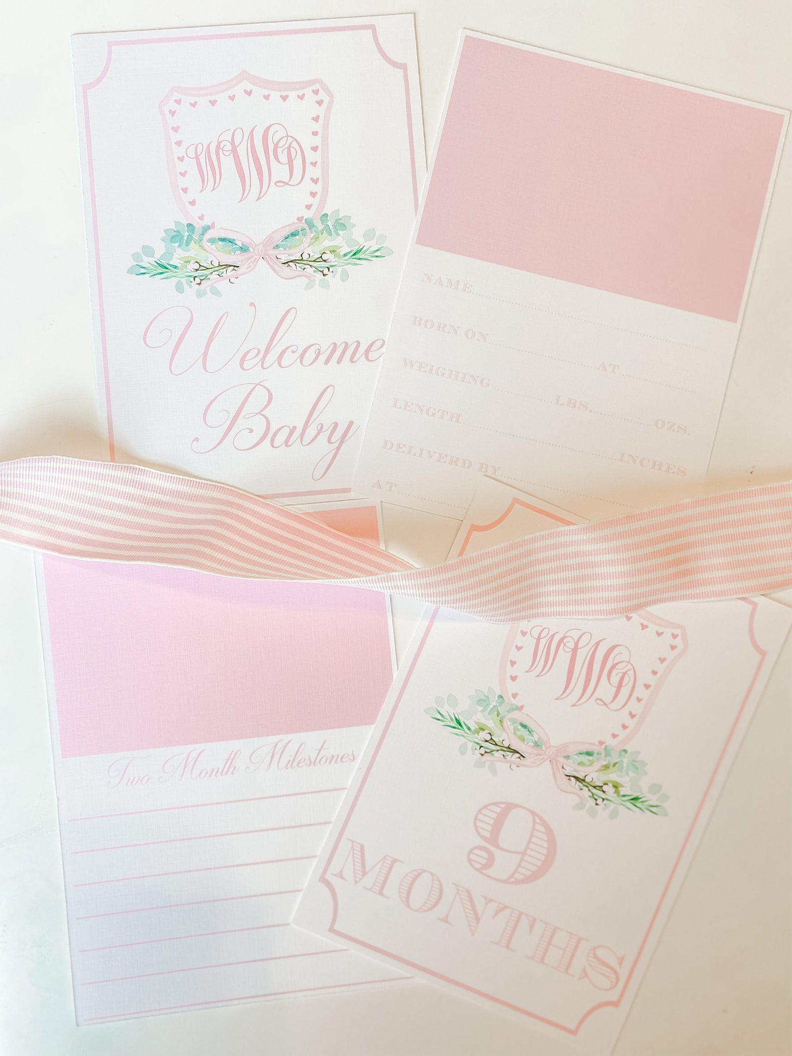 SET - Girls Watercolor Monogram Crest Milestone Cards