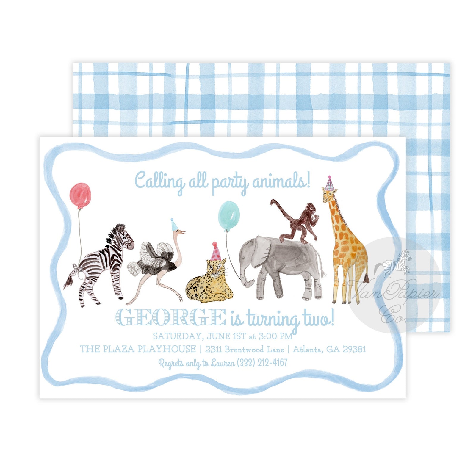 Blue Party Animals Birthday Invitation