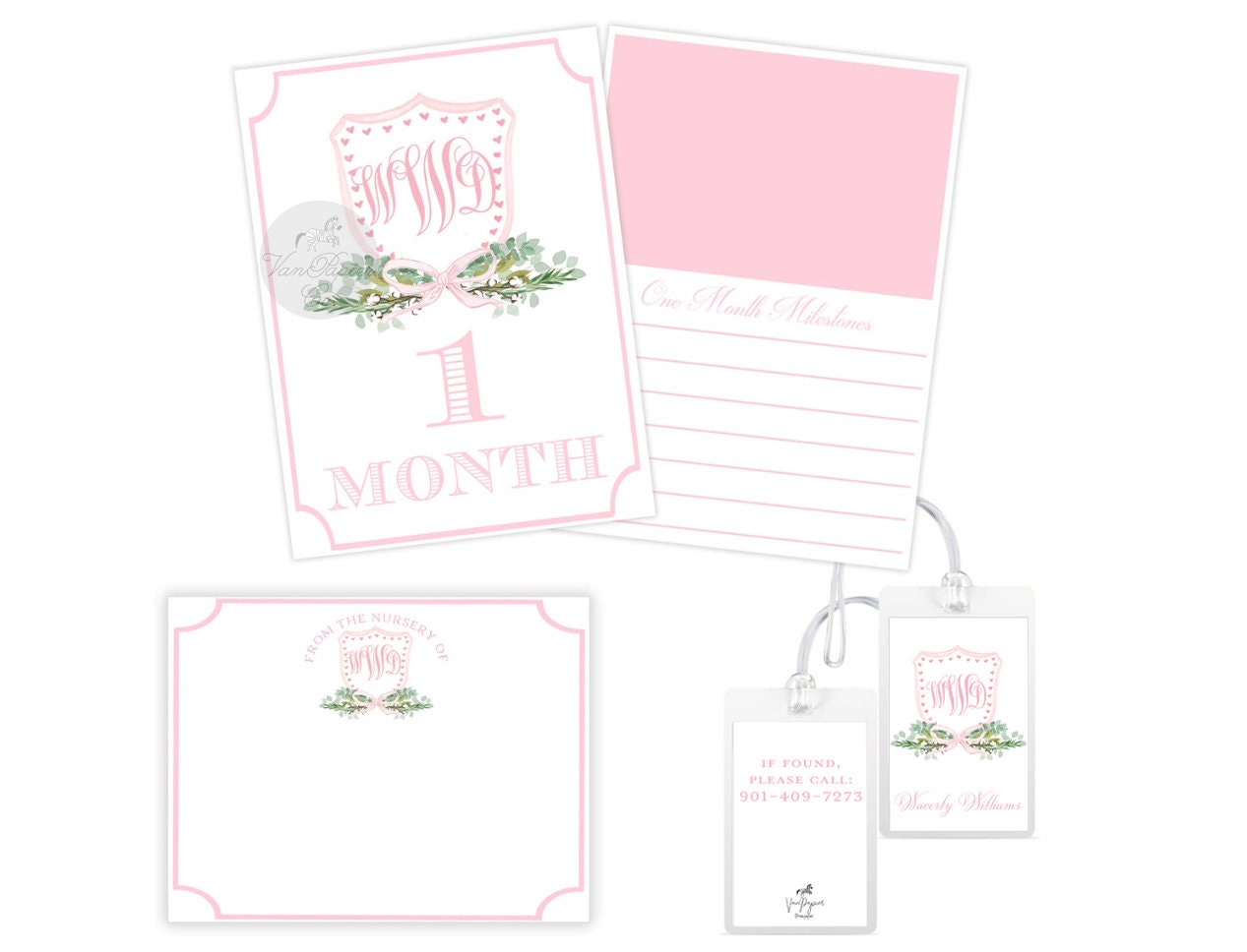 SET - Girls Watercolor Monogram Crest Milestone Cards