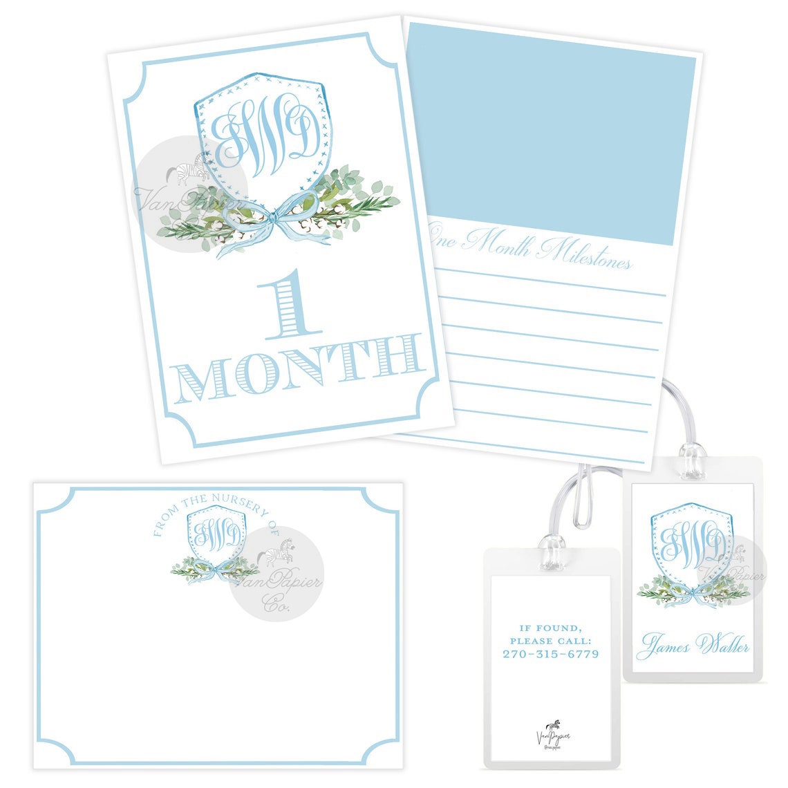 SET - Baby Boy Watercolor Monogram Crest